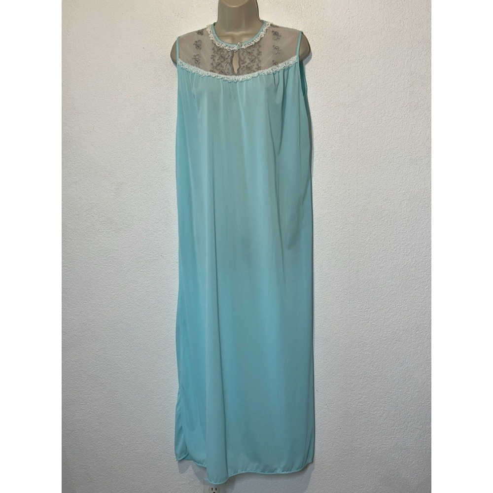 Vintage‎ 60s Aqua Nylon Nightgown Sheer Embroidered Keyhole NeckSleeveless M/L